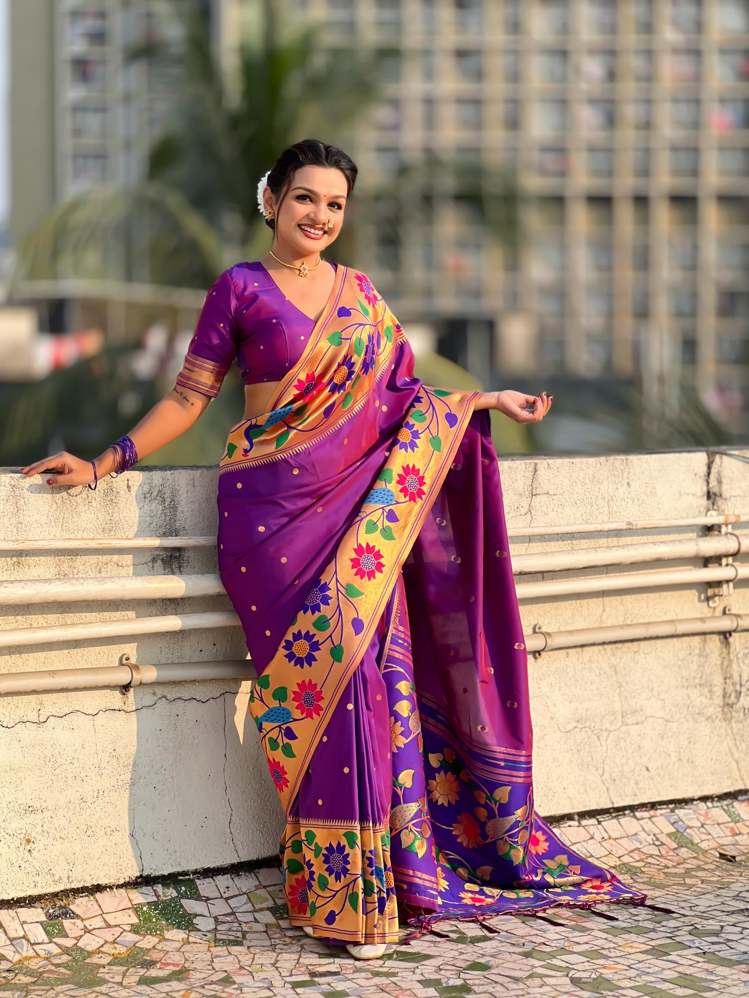 Purple Floral N Peacock Motif Paithani Silk Saree