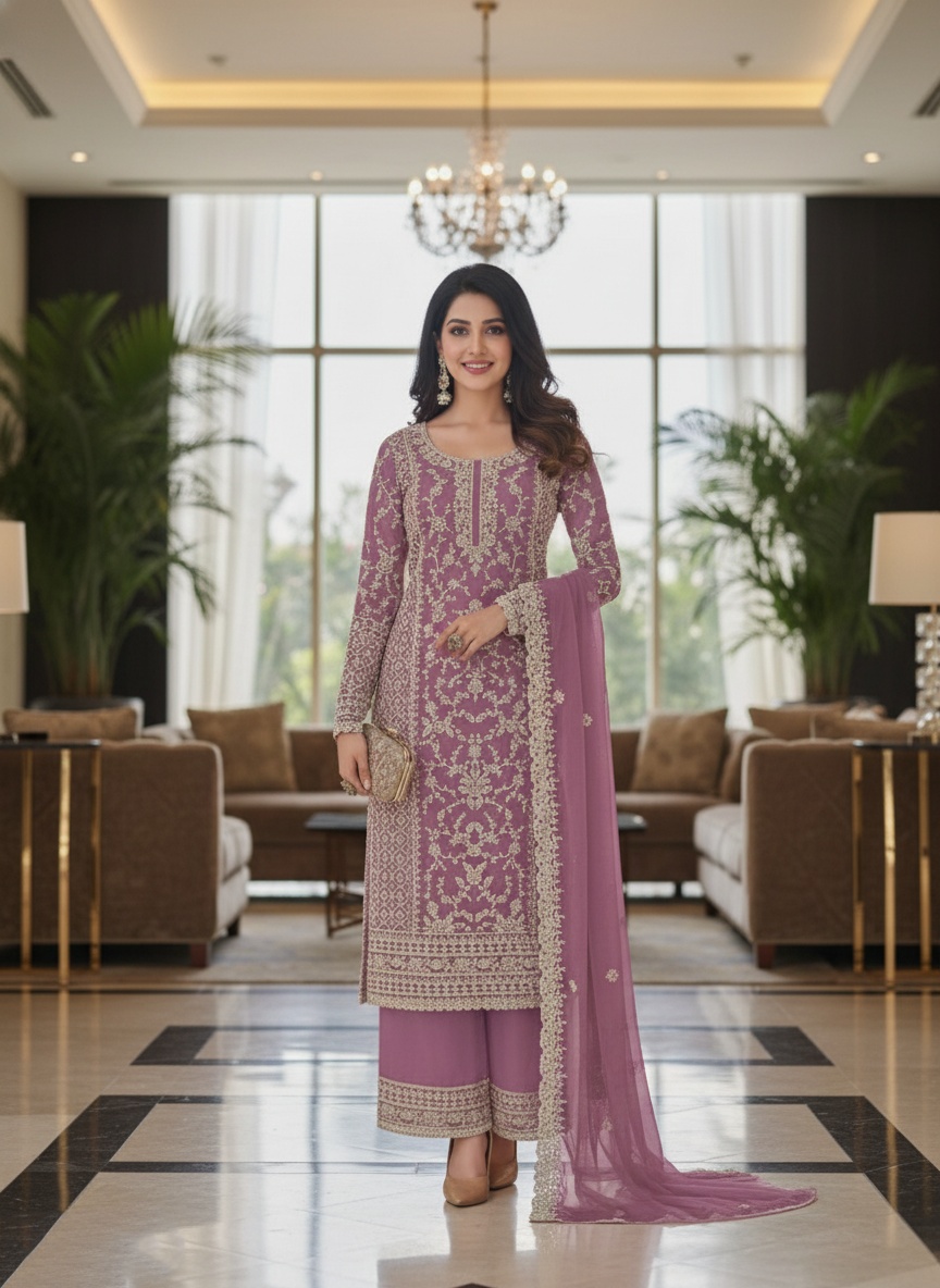 Purple Floral Net Palazzo Suit