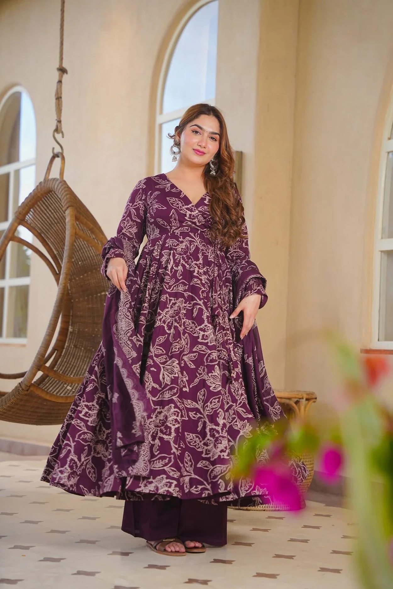 Purple Floral Printed Anarkali Suit
