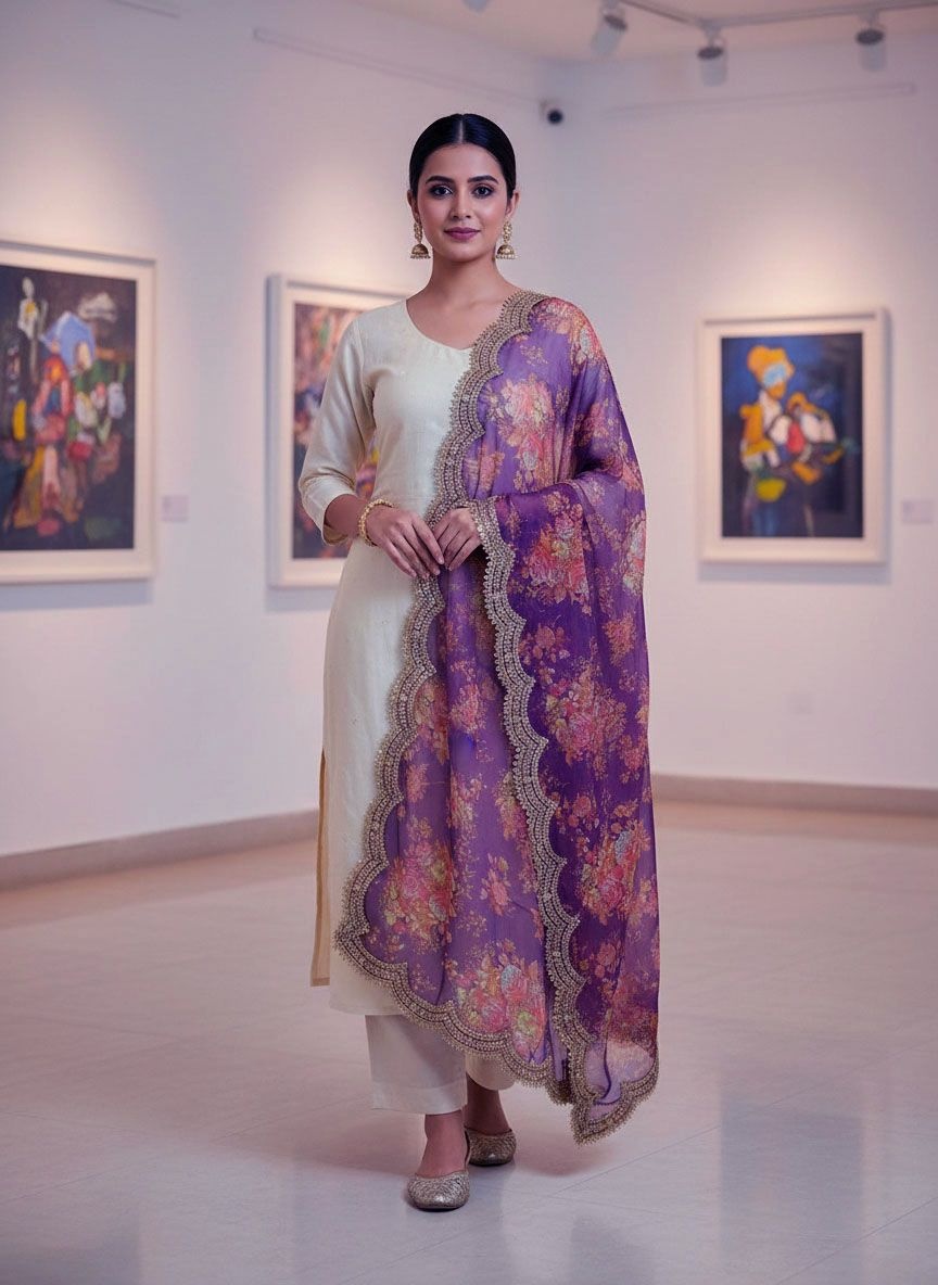 Purple Floral Printed Art Silk Dupatta