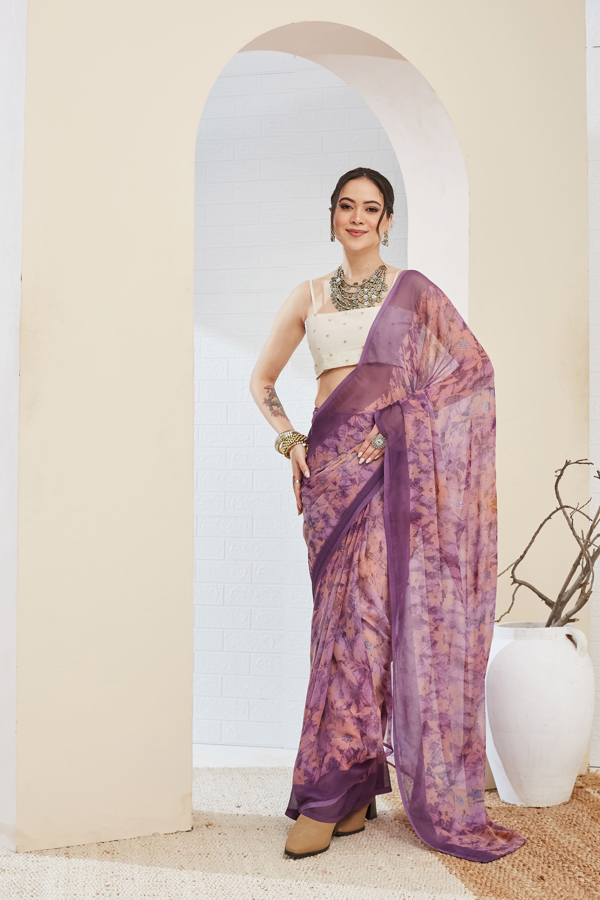 Purple Floral Printed Chiffon Ready To Wear Saree