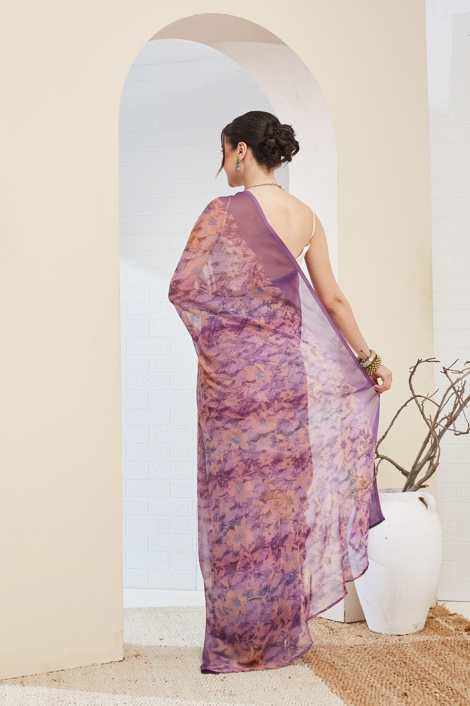 Purple Floral Printed Chiffon Ready To Wear Saree — alternate view