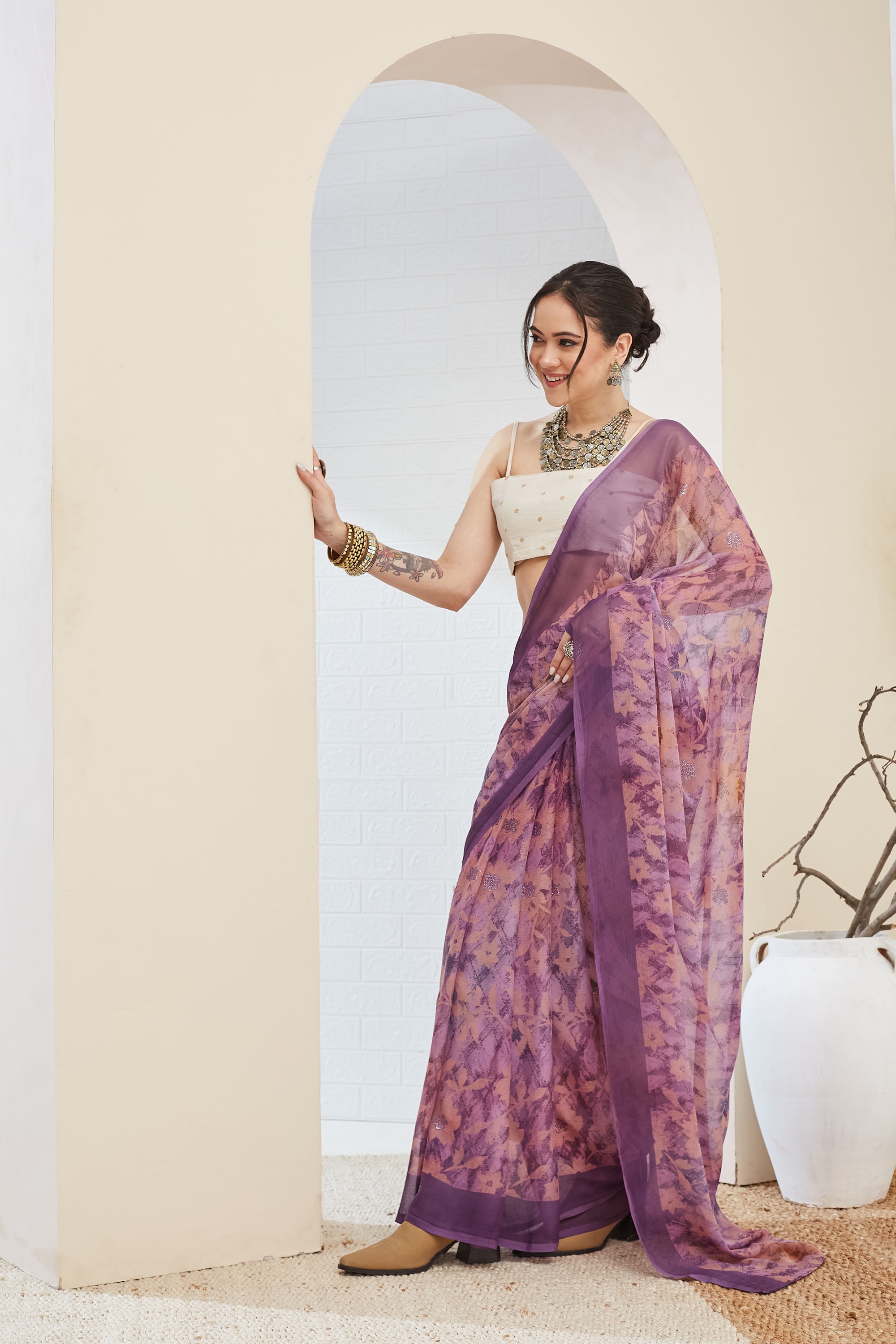 Purple Floral Printed Chiffon Ready To Wear Saree