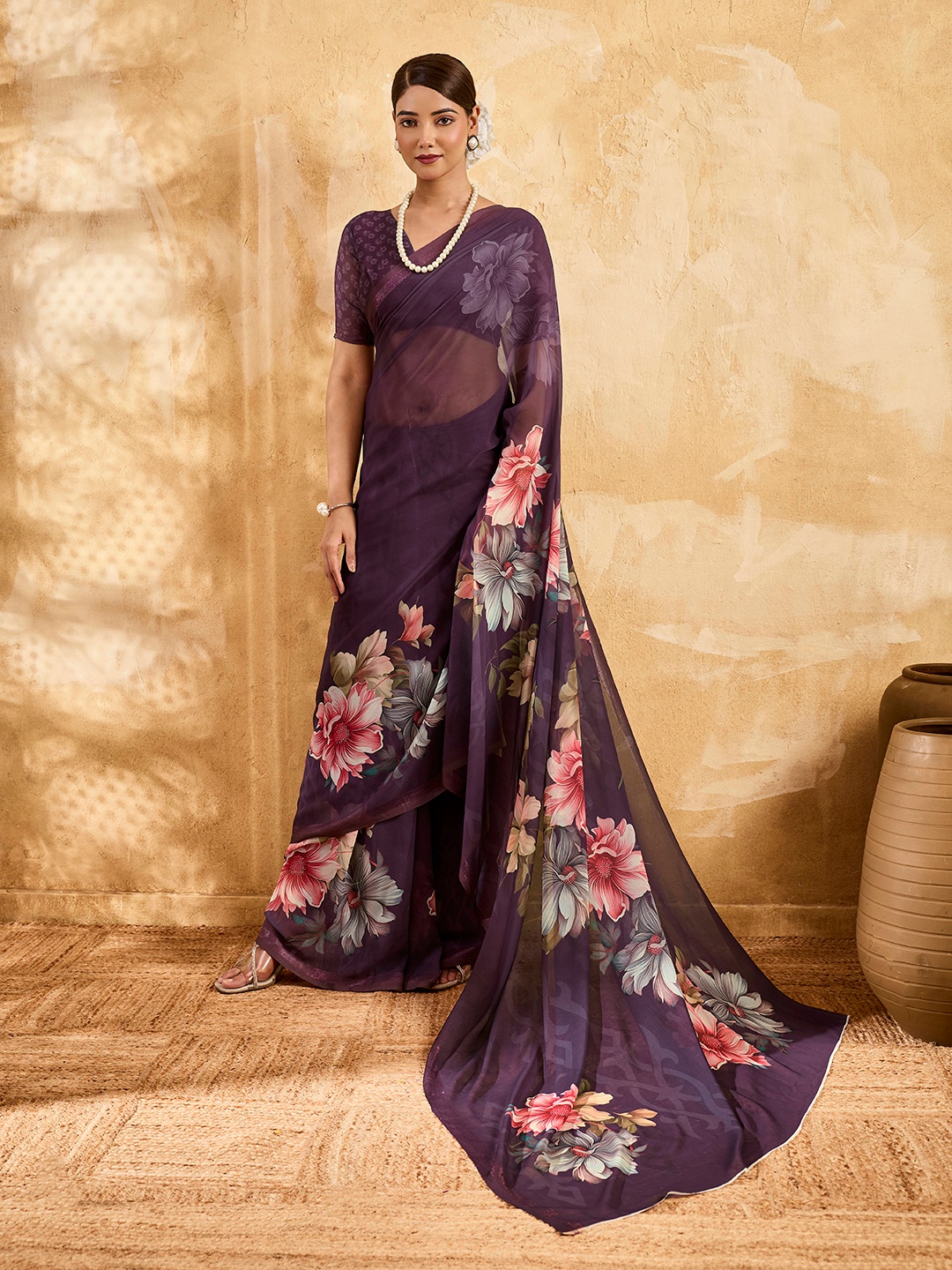 Purple Floral Printed Chiffon Saree