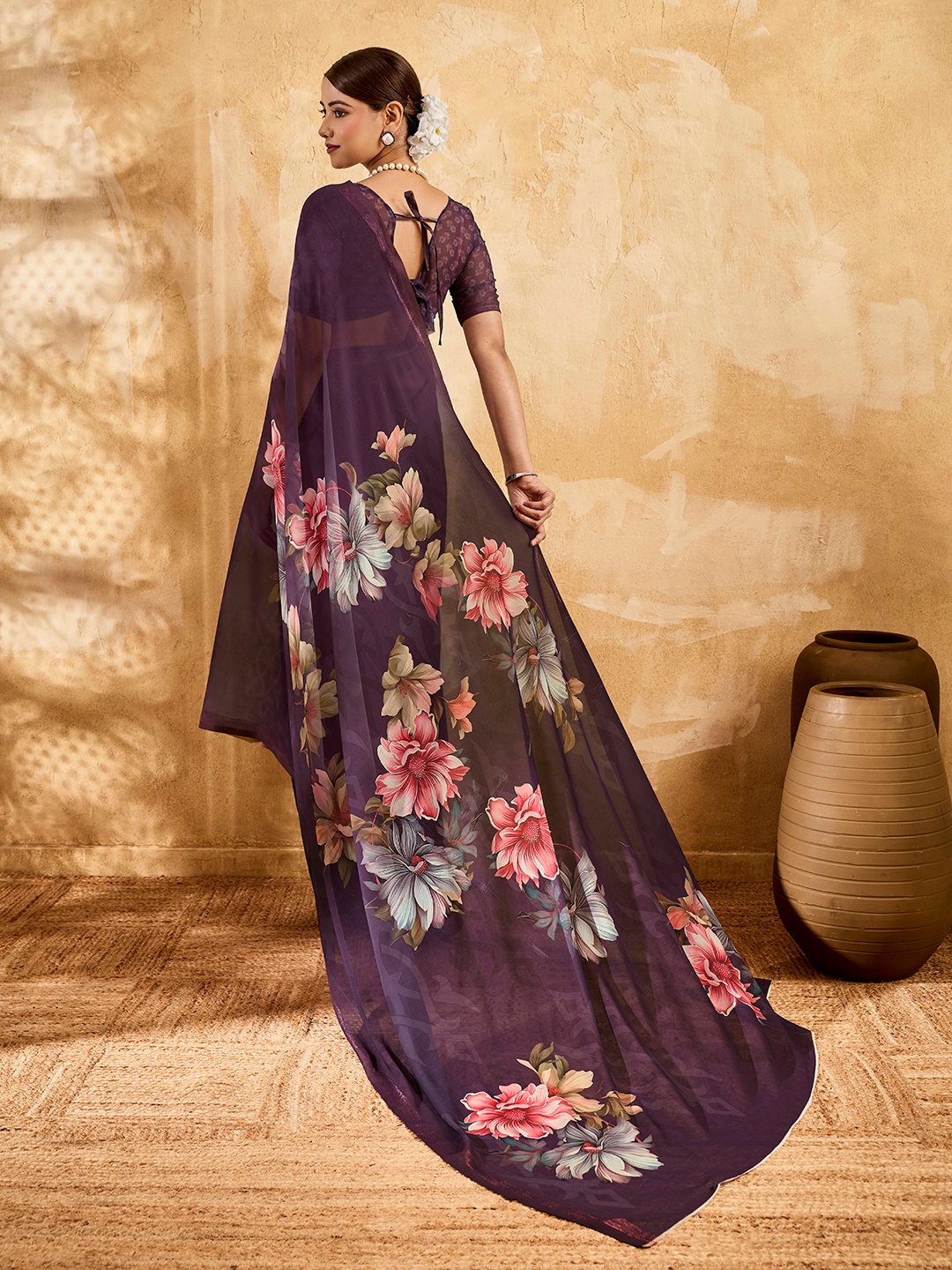 Purple Floral Printed Chiffon Saree — alternate view