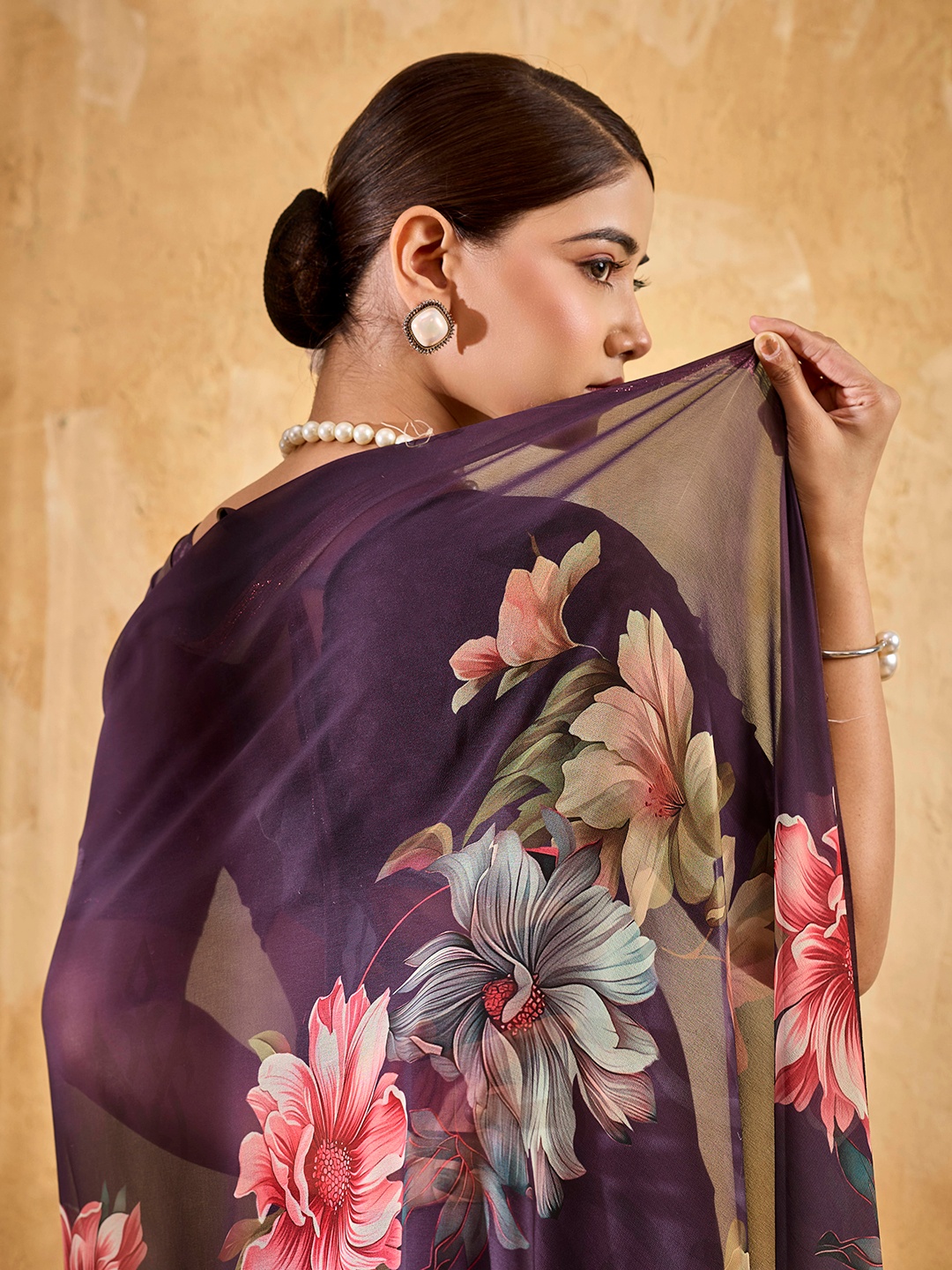 Purple Floral Printed Chiffon Saree