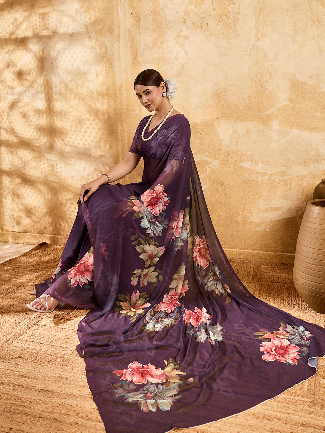Purple Floral Printed Chiffon Saree