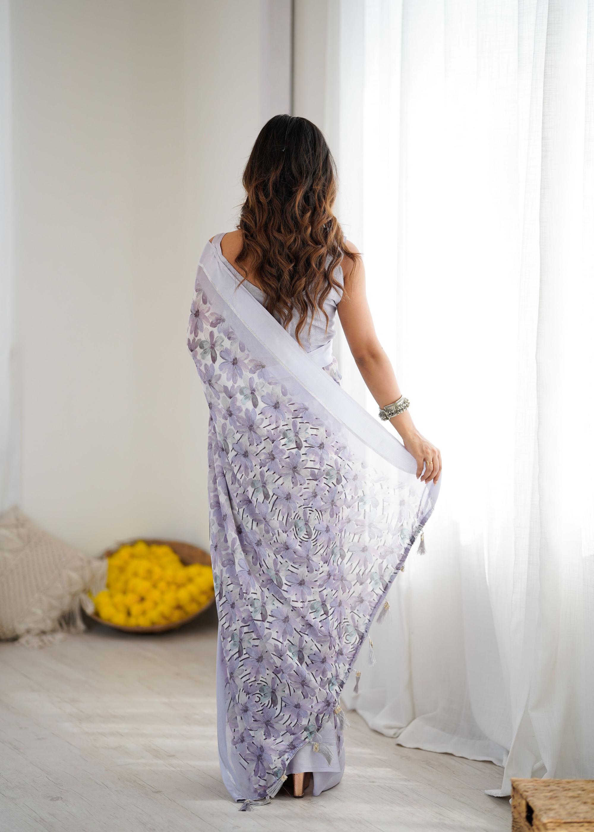 Purple Floral Printed Georgette Saree — alternate view