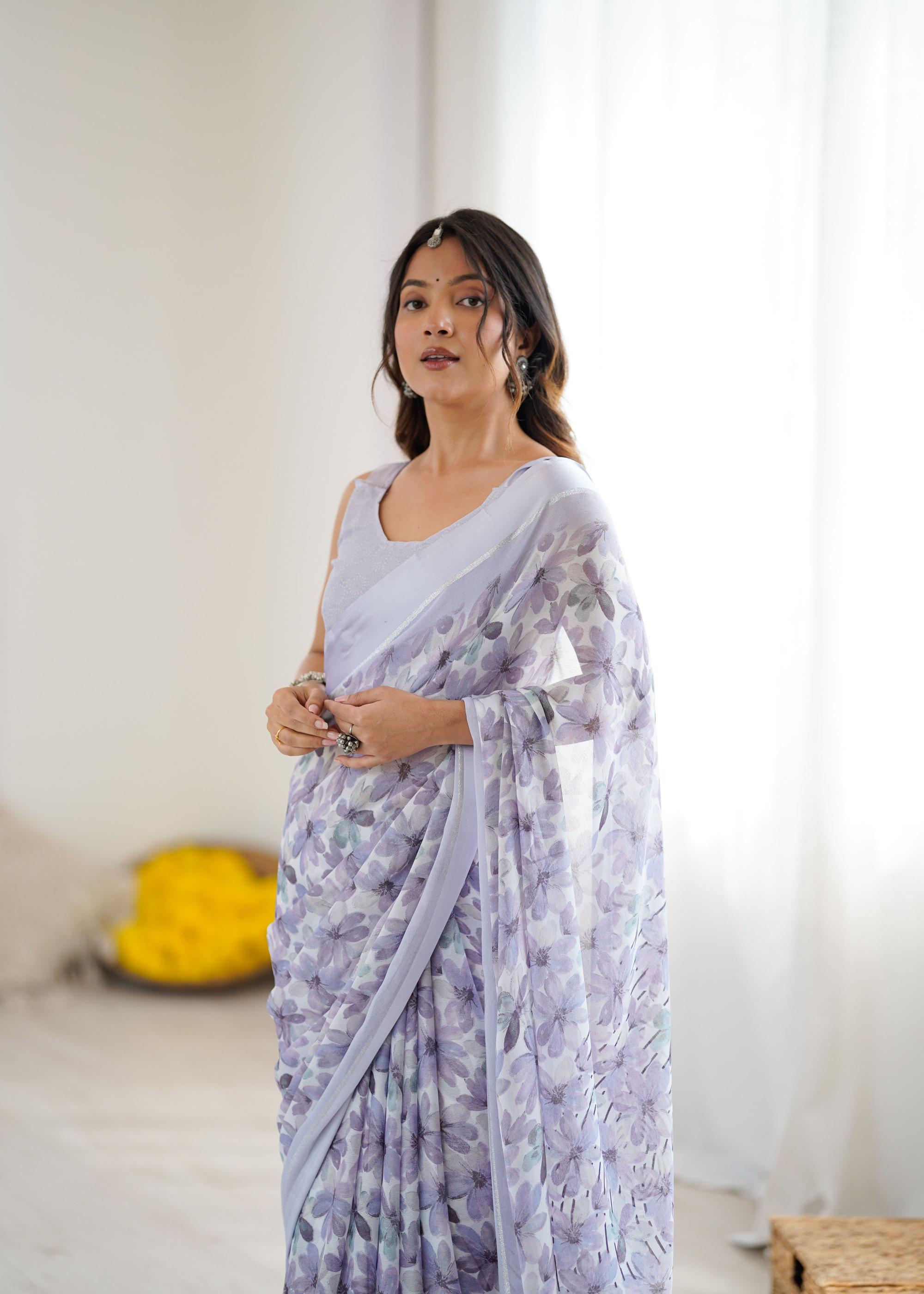 Purple Floral Printed Georgette Saree