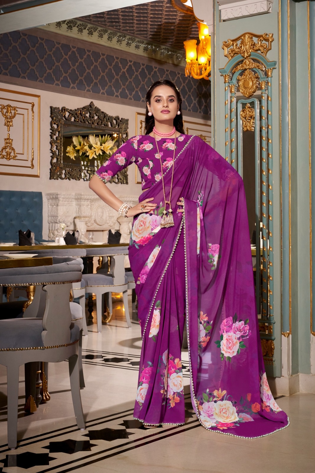 Purple Floral Printed Georgette Saree