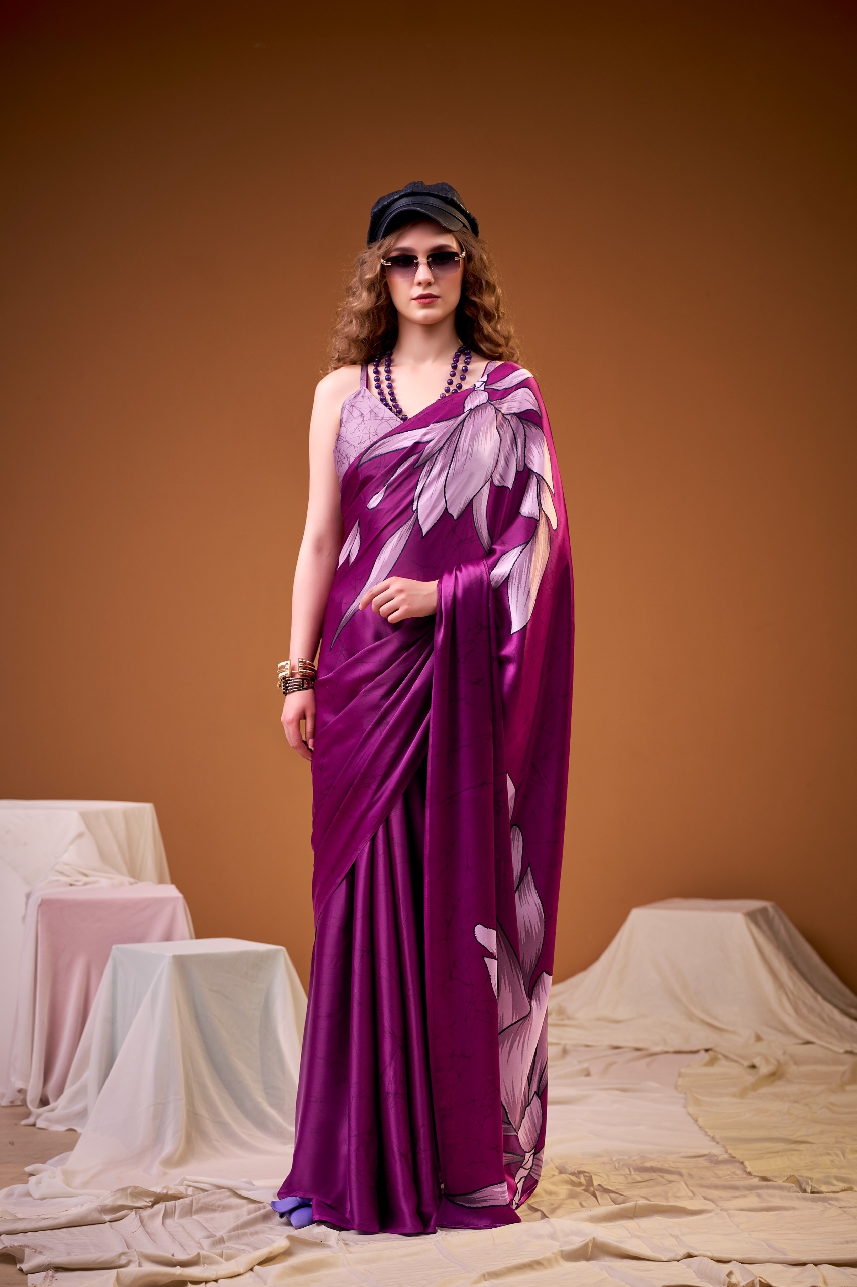 Purple Floral Printed Satin Silk Saree