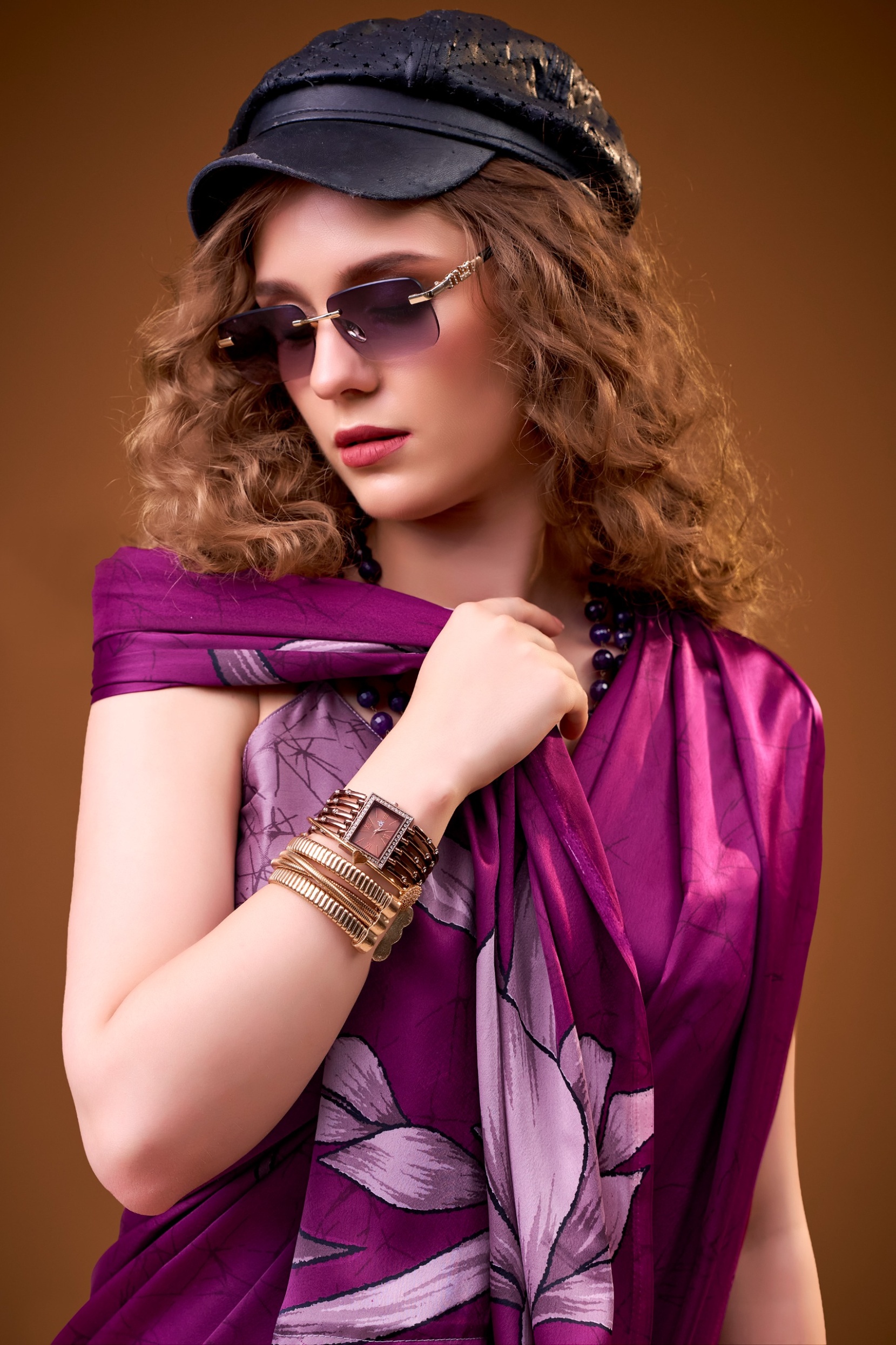 Purple Floral Printed Satin Silk Saree — alternate view
