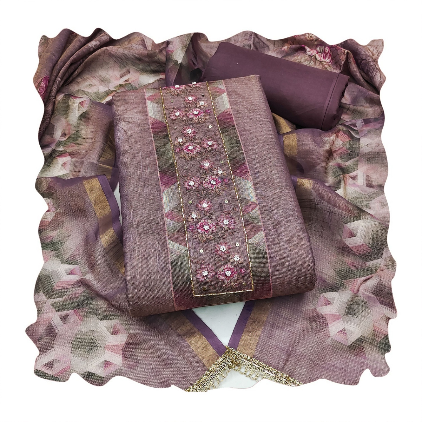 Purple Floral Printed Simmer Linen Cotton Straight Suit — alternate view