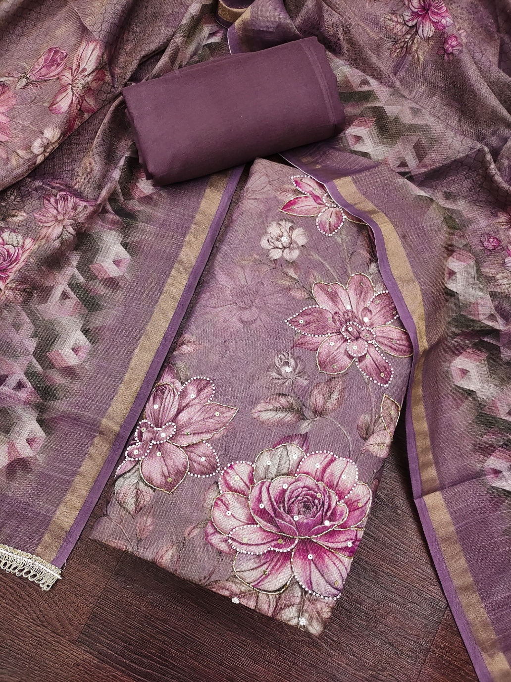 Purple Floral Printed Simmer Linen Cotton Straight Suit