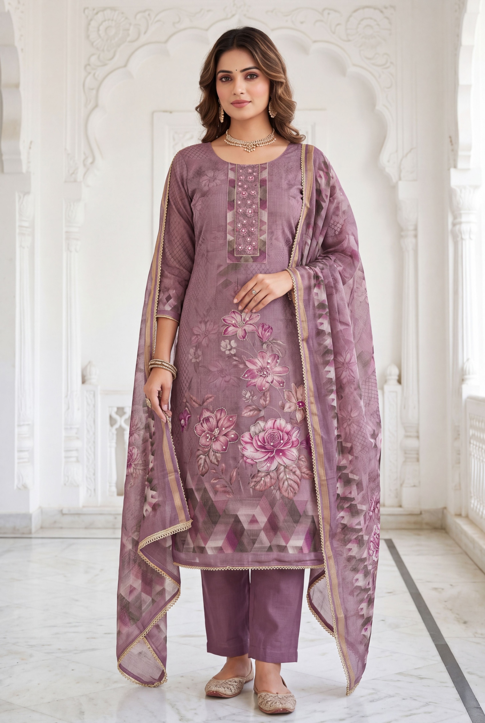 Purple Floral Printed Simmer Linen Cotton Straight Suit