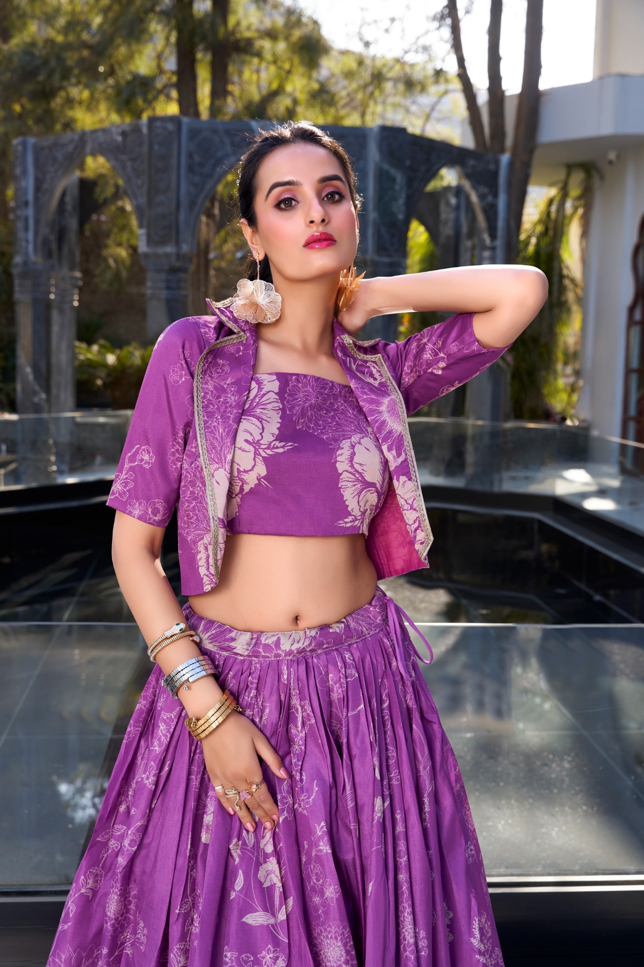 Purple Floral Printed Tussar Silk Jacket Lehenga Choli — alternate view