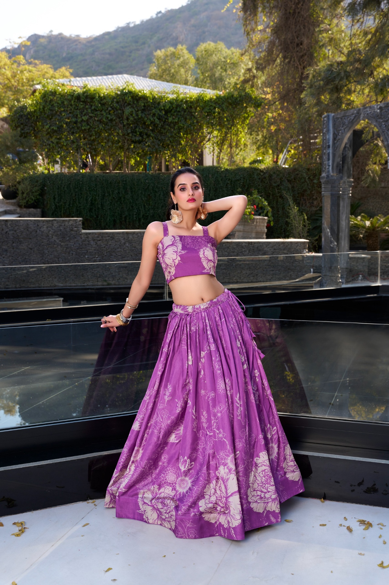 Purple Floral Printed Tussar Silk Jacket Lehenga Choli