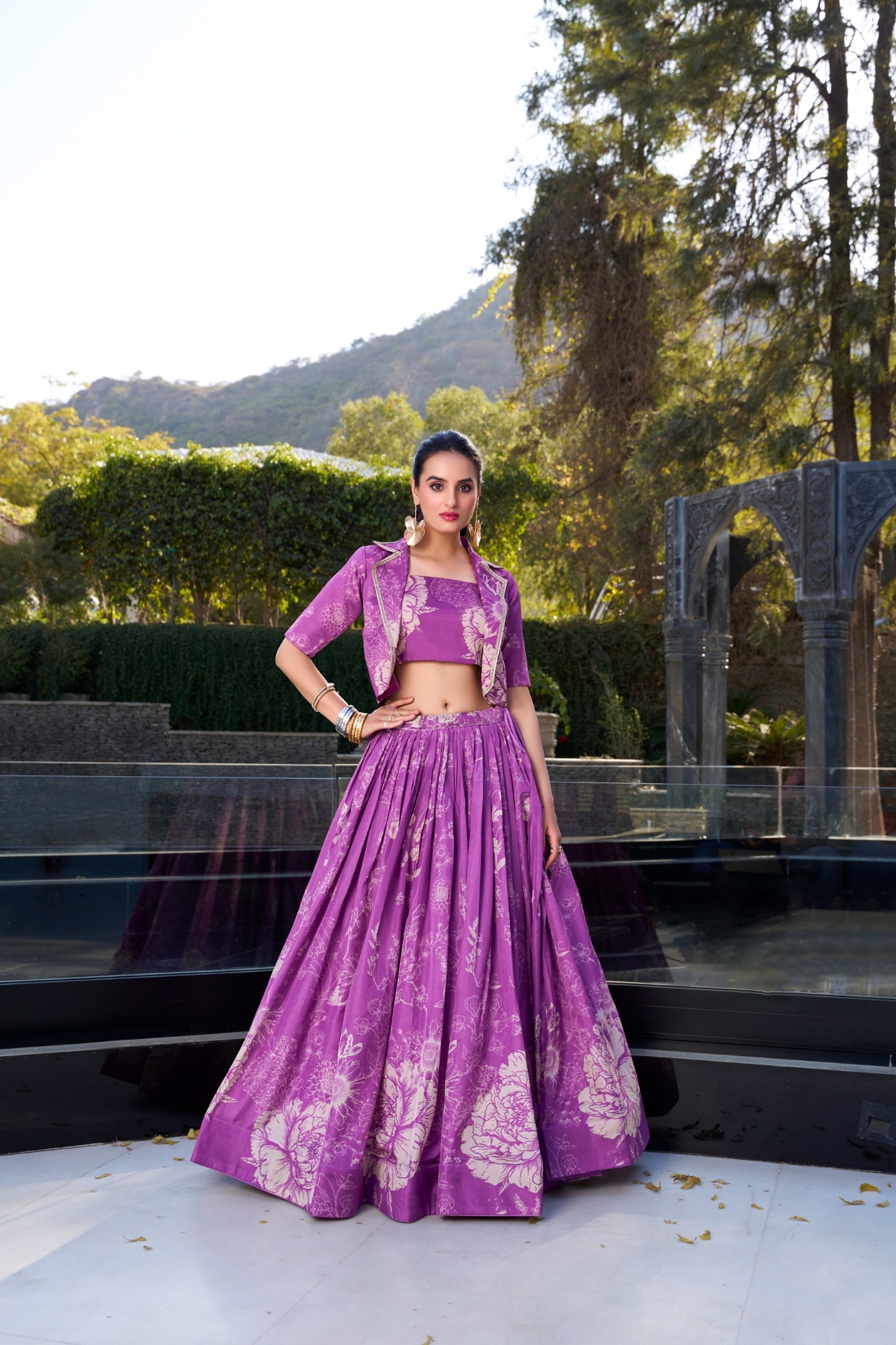 Purple Floral Printed Tussar Silk Jacket Lehenga Choli