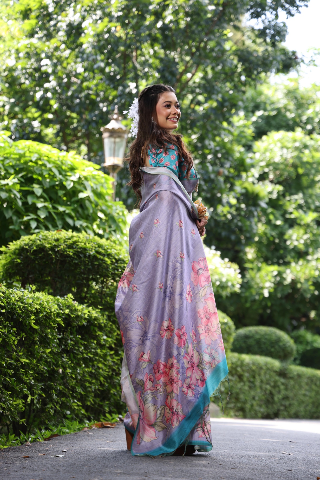 Purple Floral Printed Tussar Silk Saree — alternate view