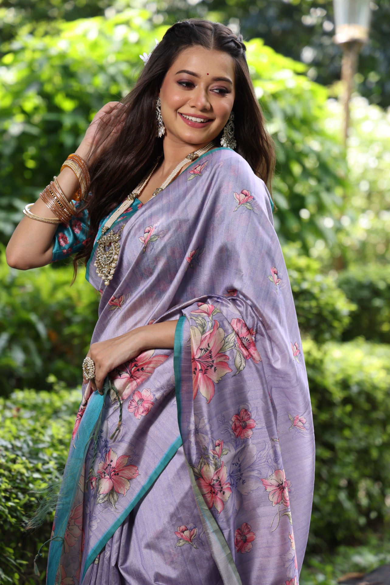 Purple Floral Printed Tussar Silk Saree