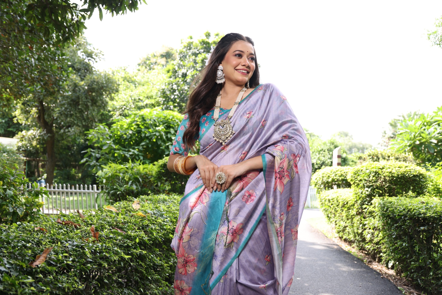 Purple Floral Printed Tussar Silk Saree