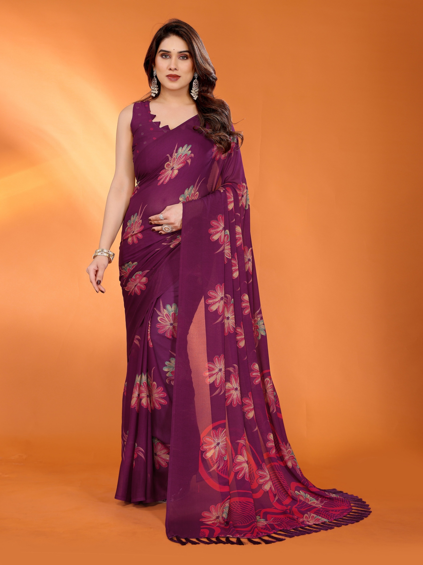 Purple Floral Printed Work Bright Moss Satin Saree