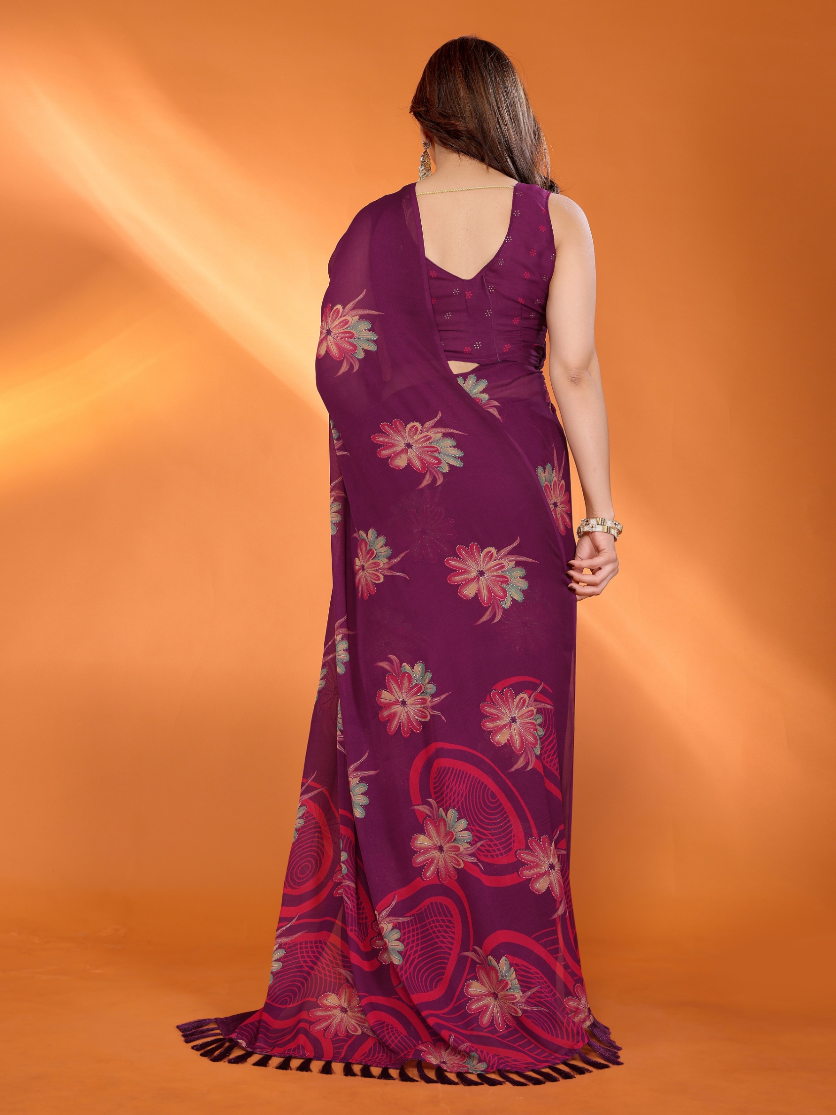 Purple Floral Printed Work Bright Moss Satin Saree — alternate view