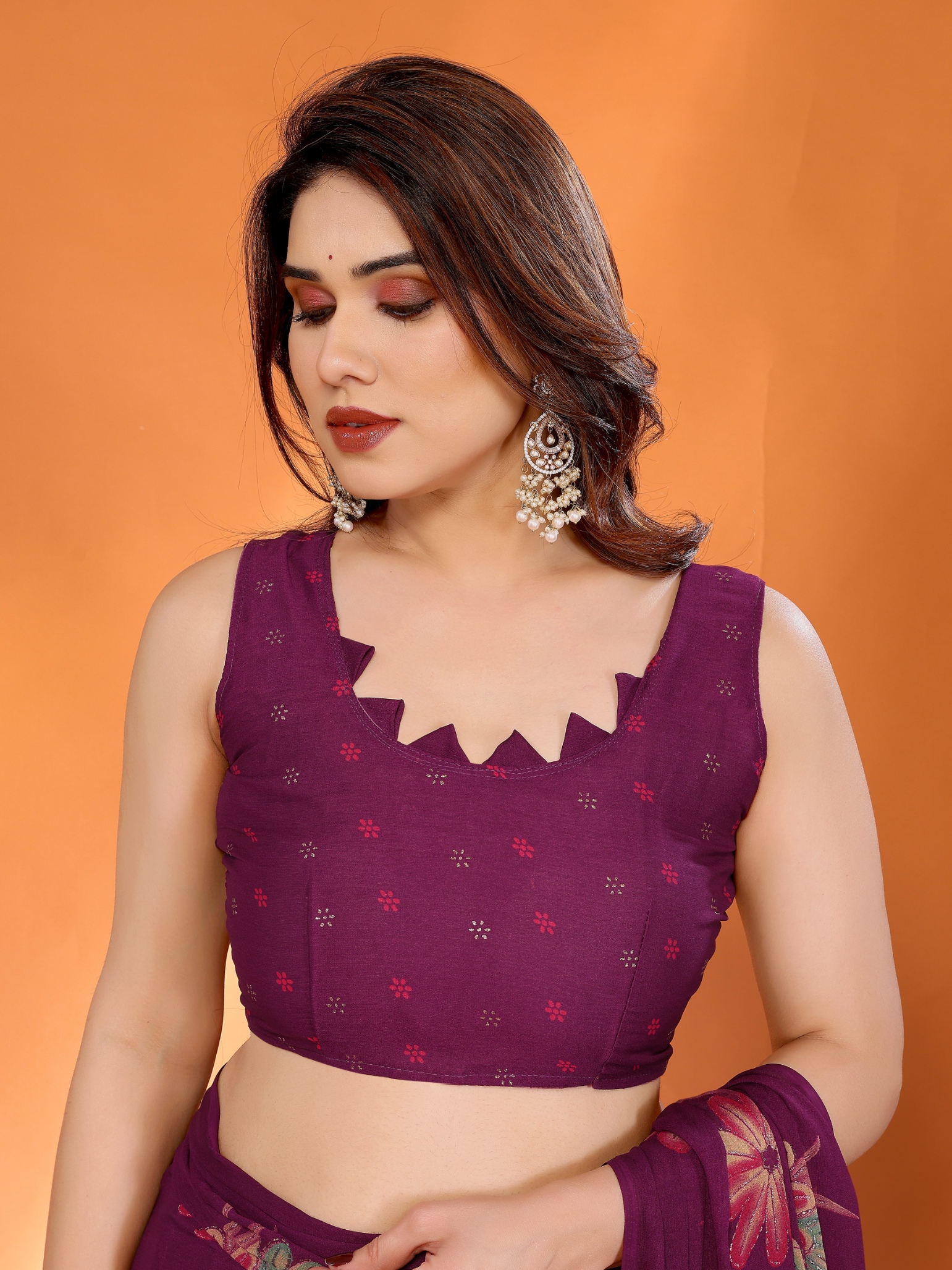Purple Floral Printed Work Bright Moss Satin Saree