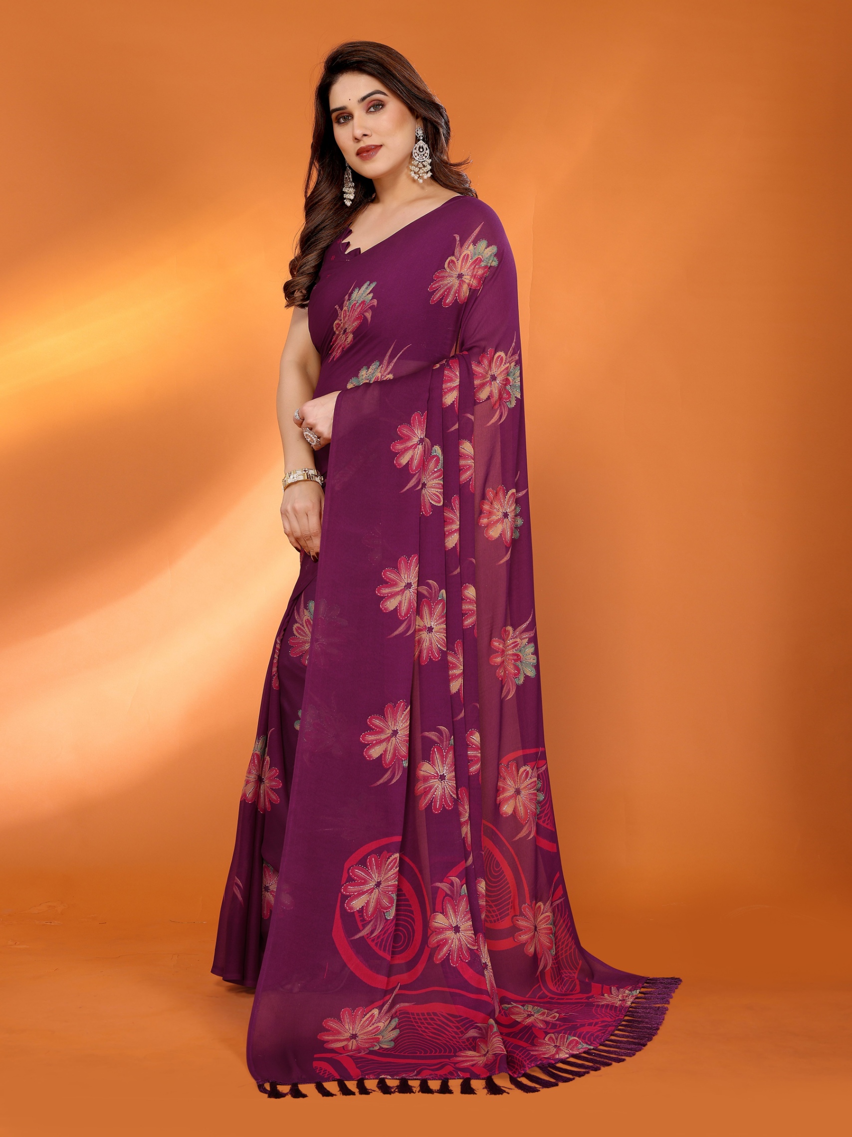 Purple Floral Printed Work Bright Moss Satin Saree