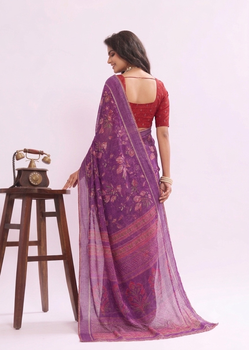 Purple Floral Printed Work Georgette Saree — alternate view