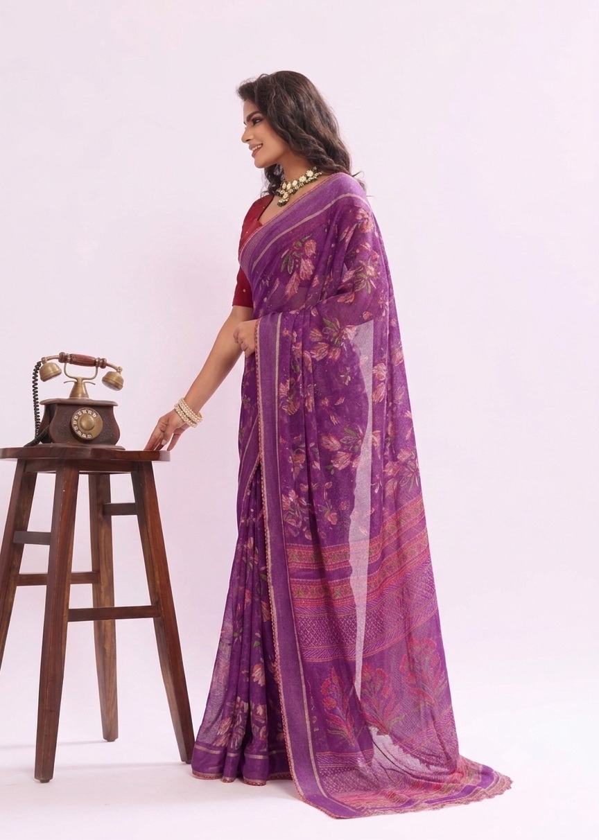Purple Floral Printed Work Georgette Saree