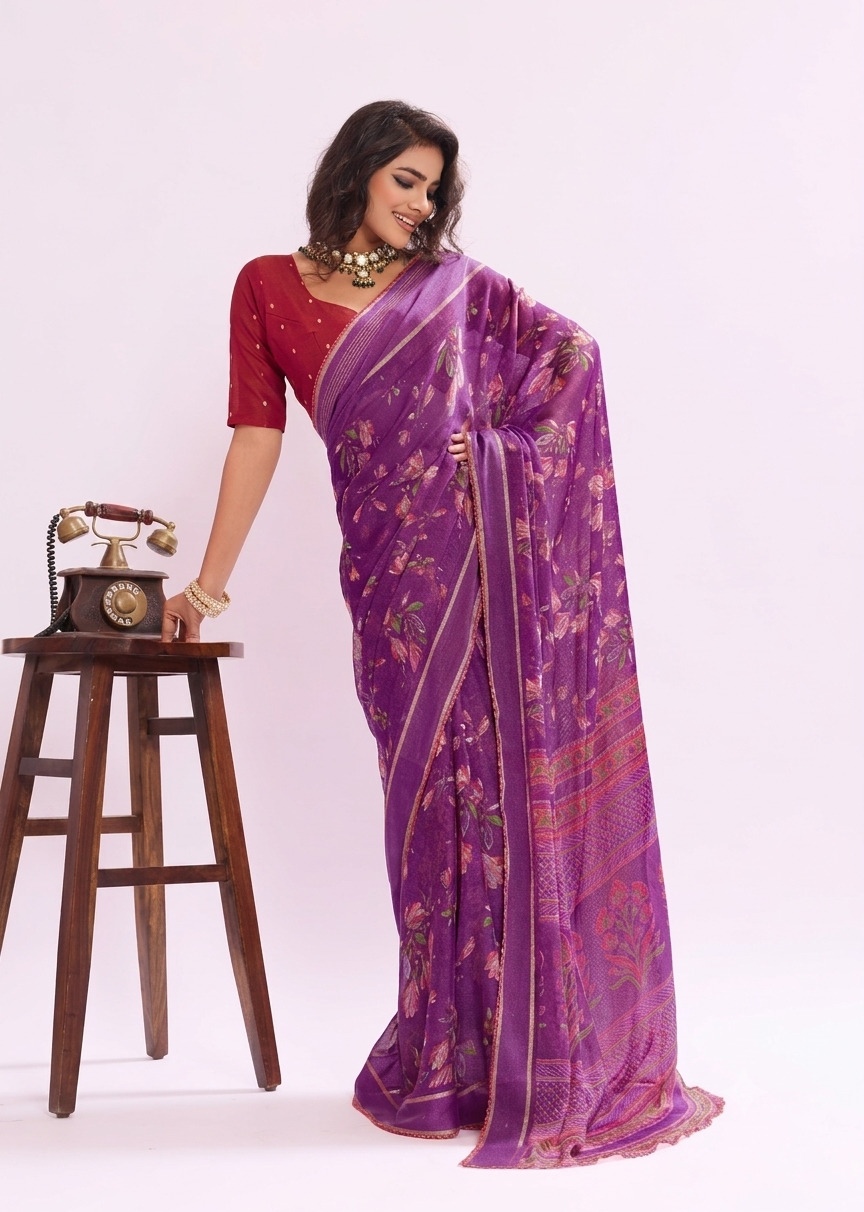 Purple Floral Printed Work Georgette Saree