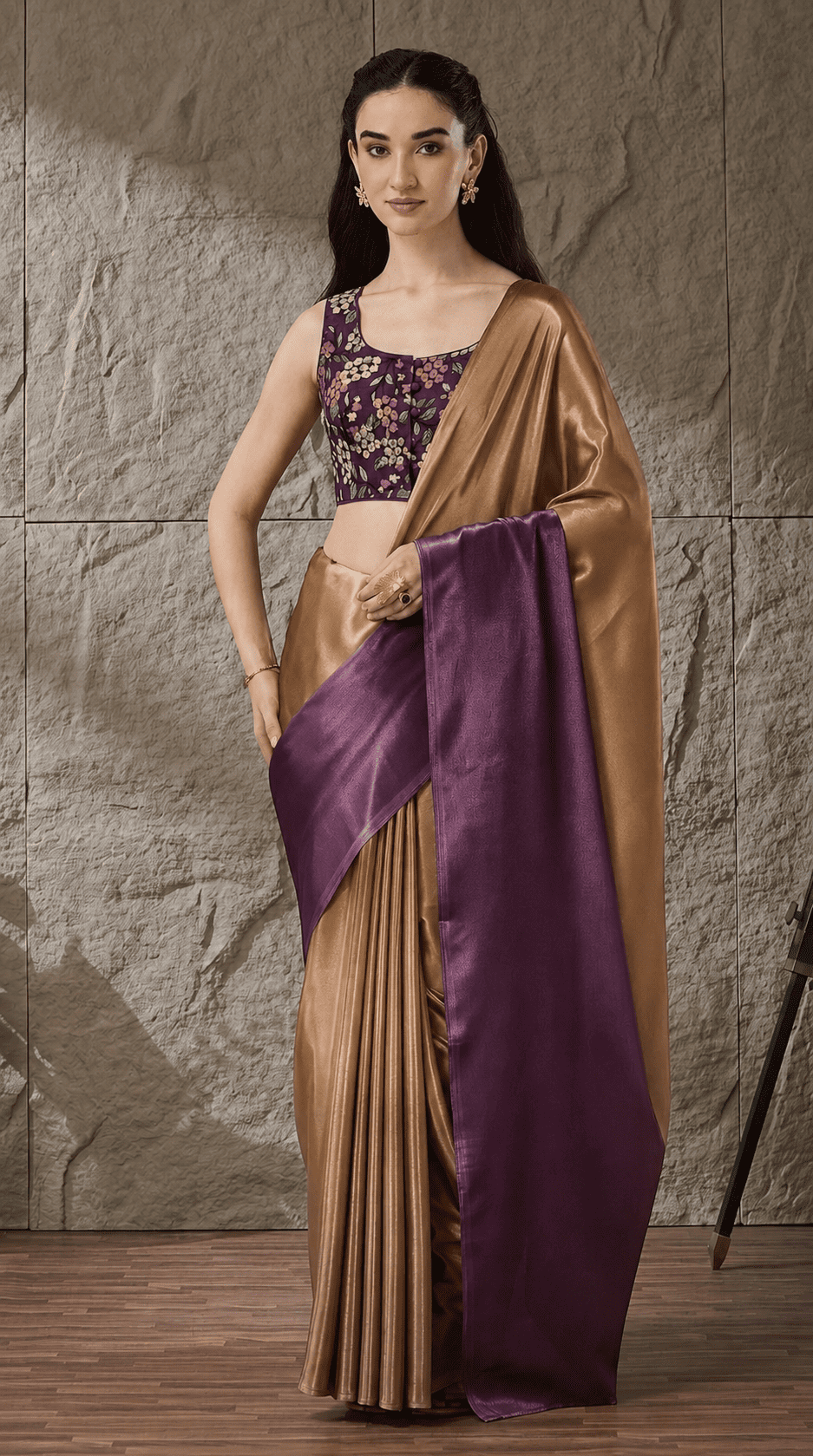 Purple Floral Satin Ready To Wear Saree