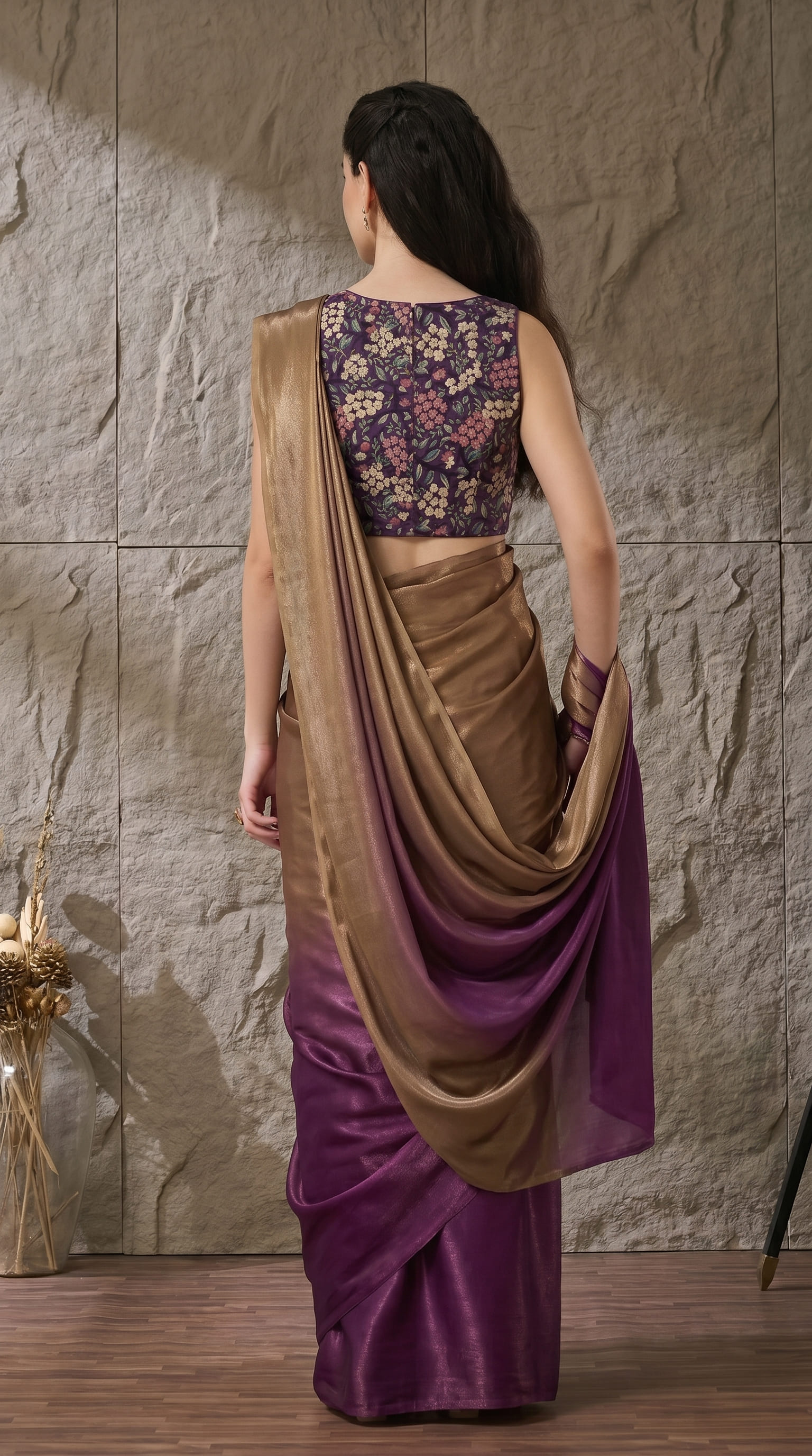 Purple Floral Satin Ready To Wear Saree — alternate view