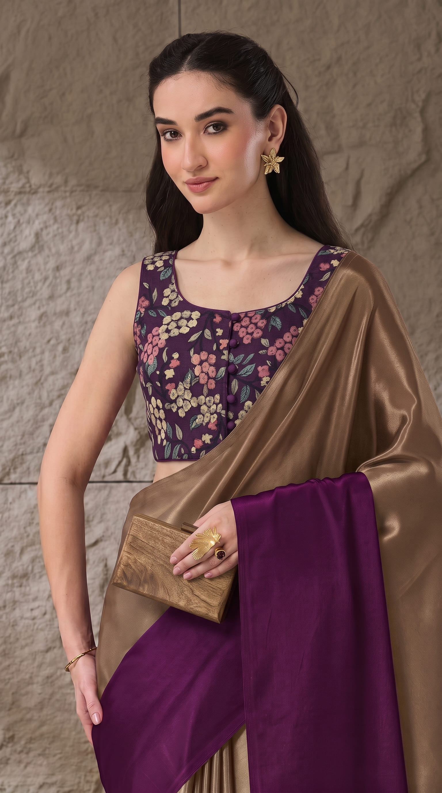 Purple Floral Satin Ready To Wear Saree