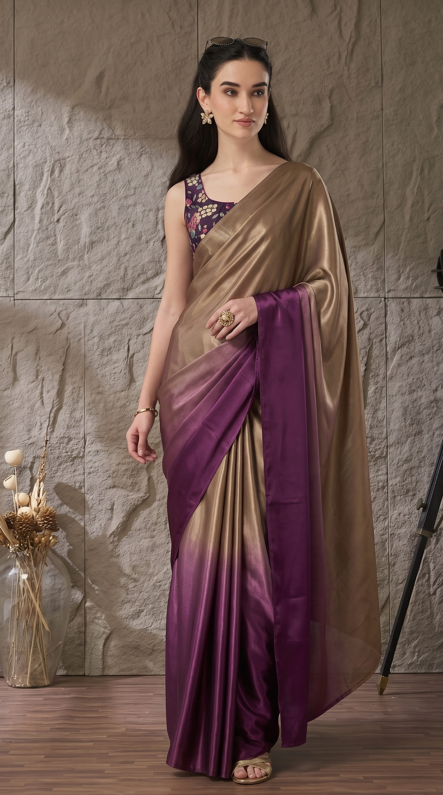 Purple Floral Satin Ready To Wear Saree