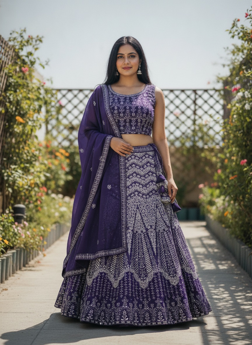 Purple Floral Sequins Faux Georgette Lehenga Choli