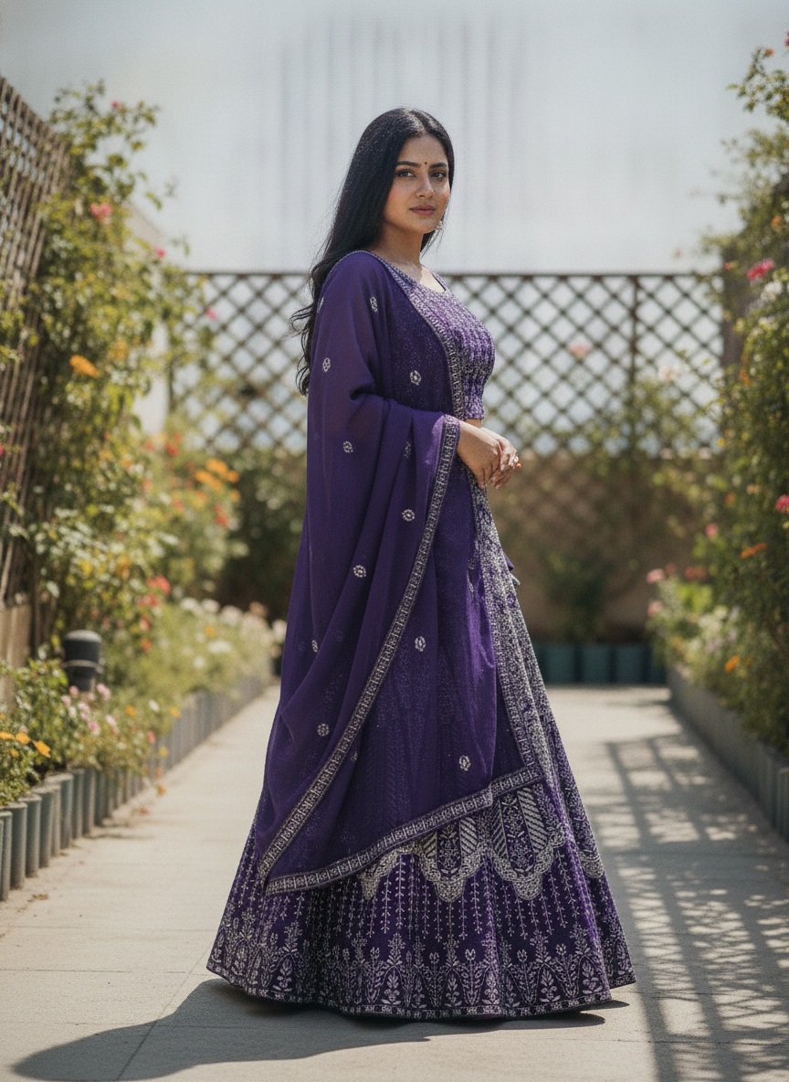 Purple Floral Sequins Faux Georgette Lehenga Choli