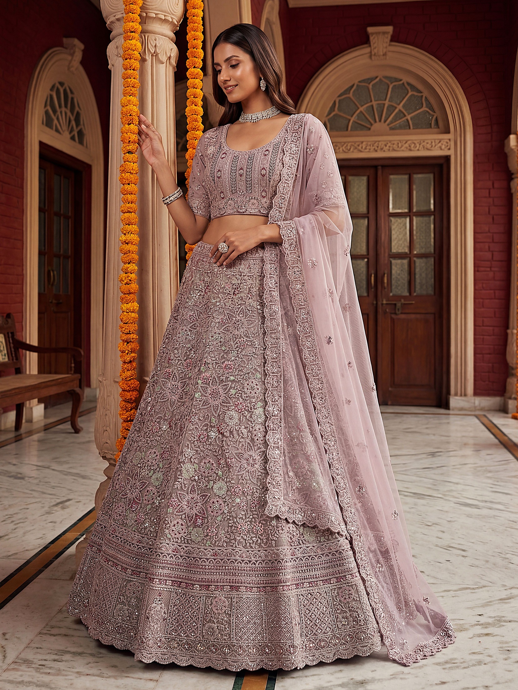 Purple Floral Sequins Bridal Net Circular Lehenga Choli