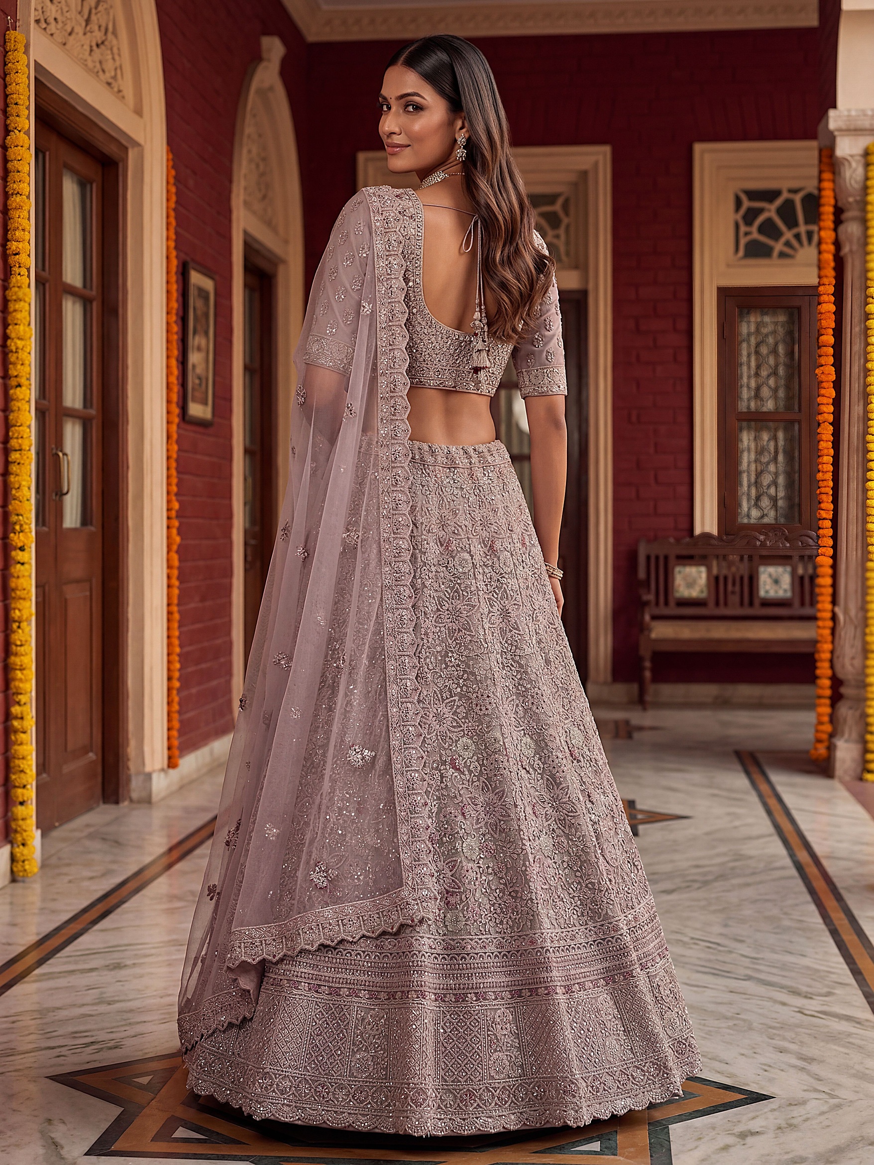 Purple Floral Sequins Bridal Net Circular Lehenga Choli — alternate view