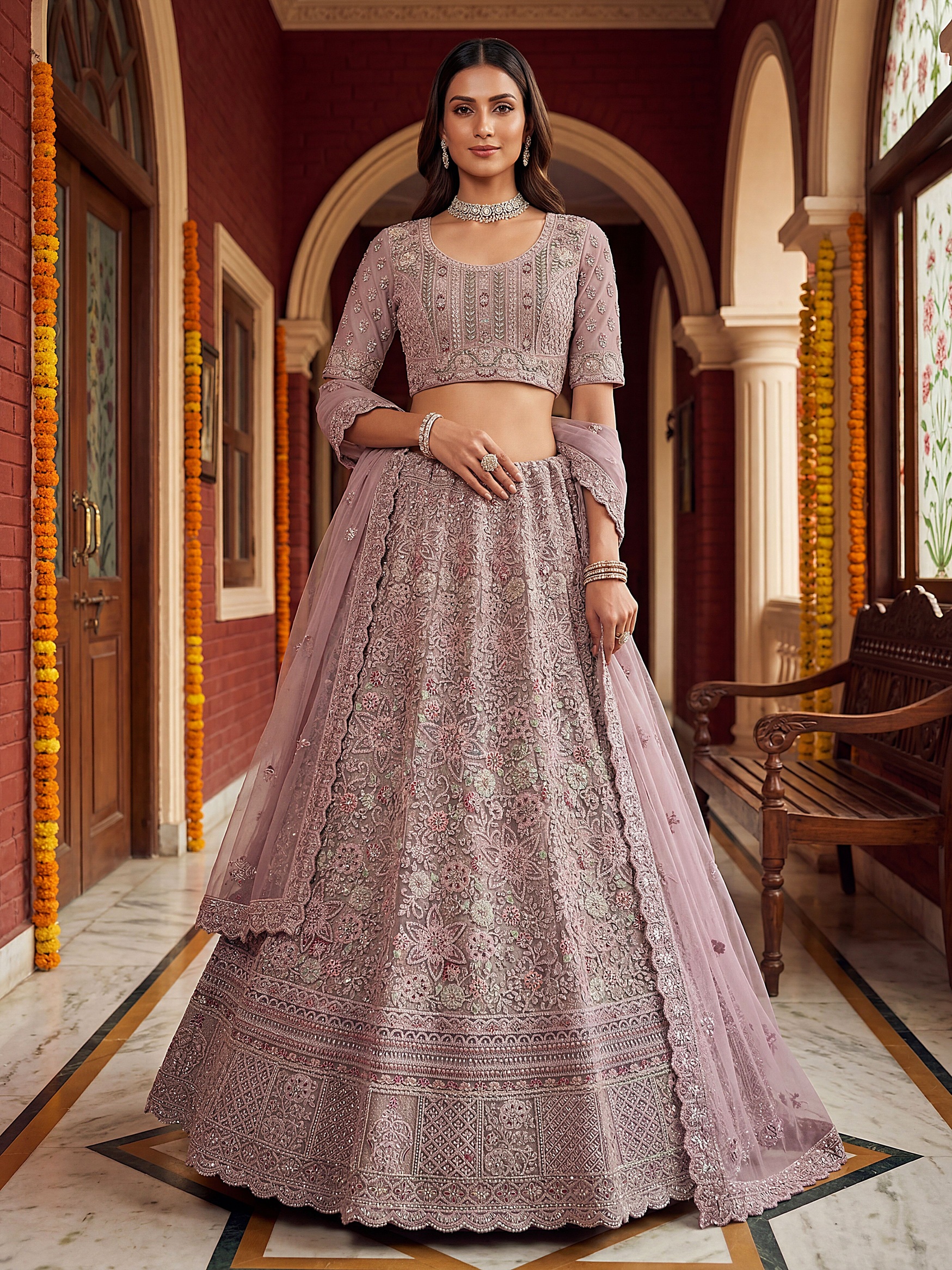 Purple Floral Sequins Bridal Net Circular Lehenga Choli