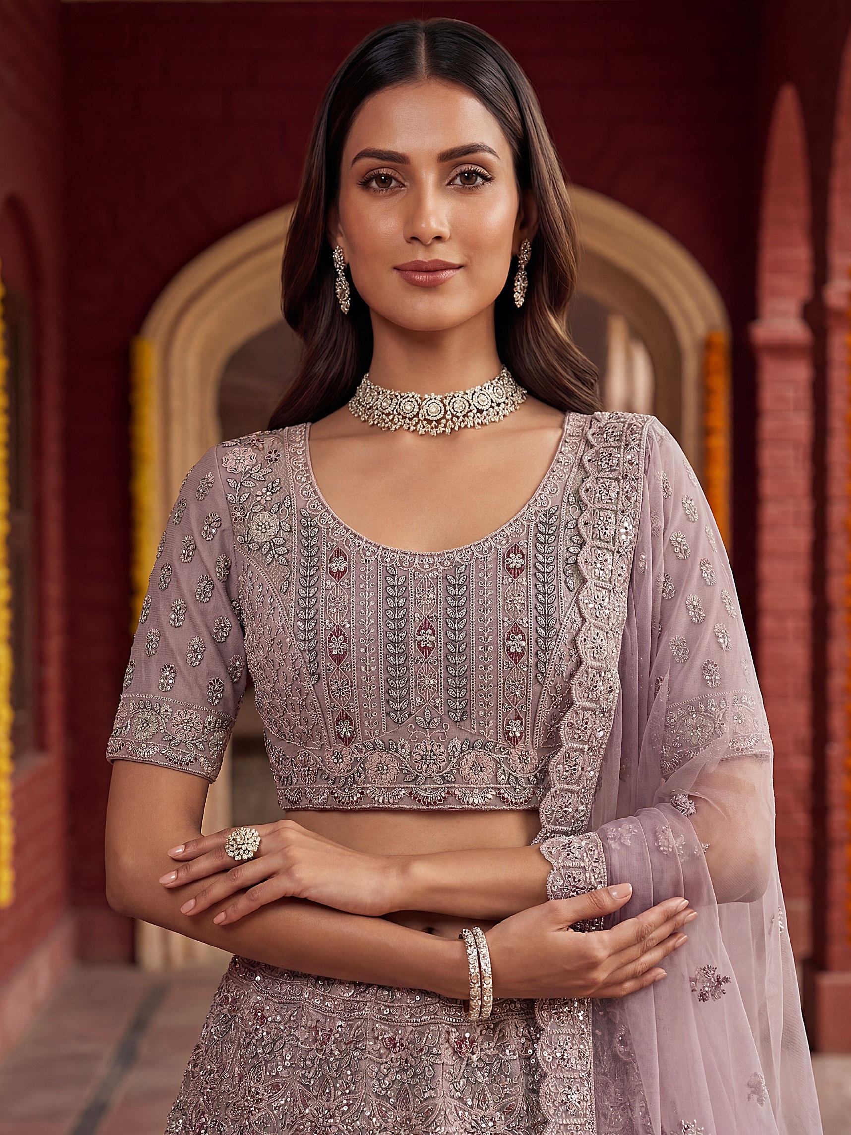 Purple Floral Sequins Bridal Net Circular Lehenga Choli