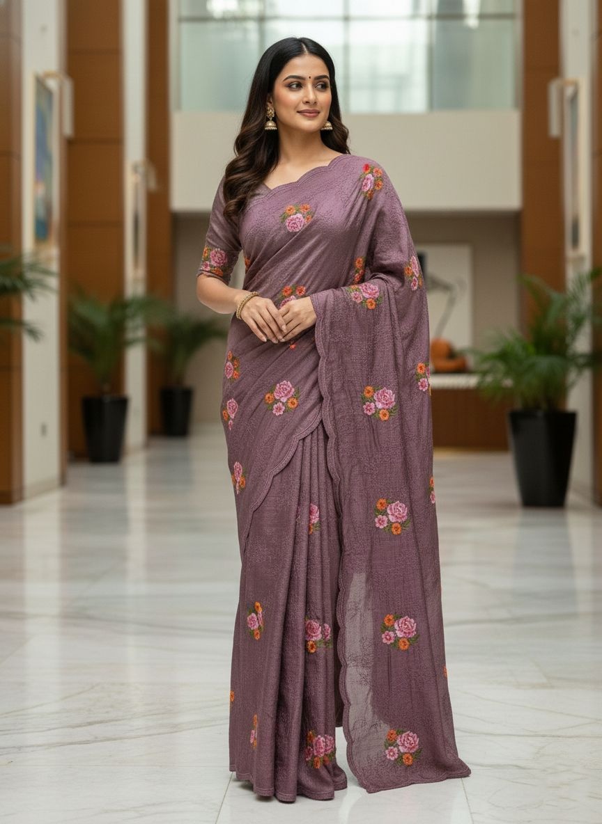 Purple Floral Thread Embroidered Manipuri Silk Saree