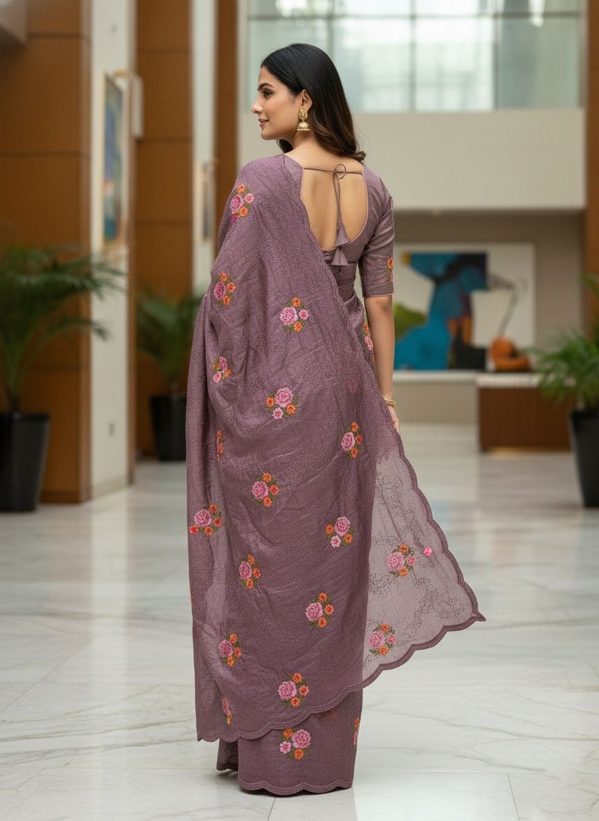 Purple Floral Thread Embroidered Manipuri Silk Saree — alternate view