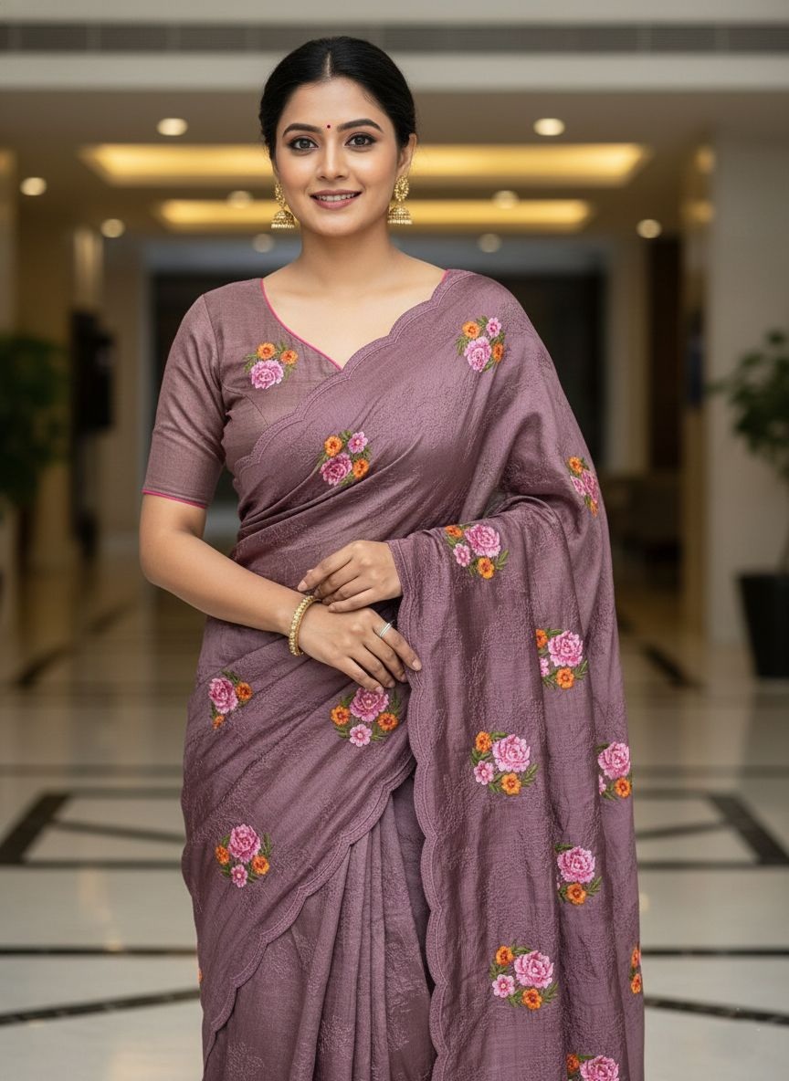 Purple Floral Thread Embroidered Manipuri Silk Saree