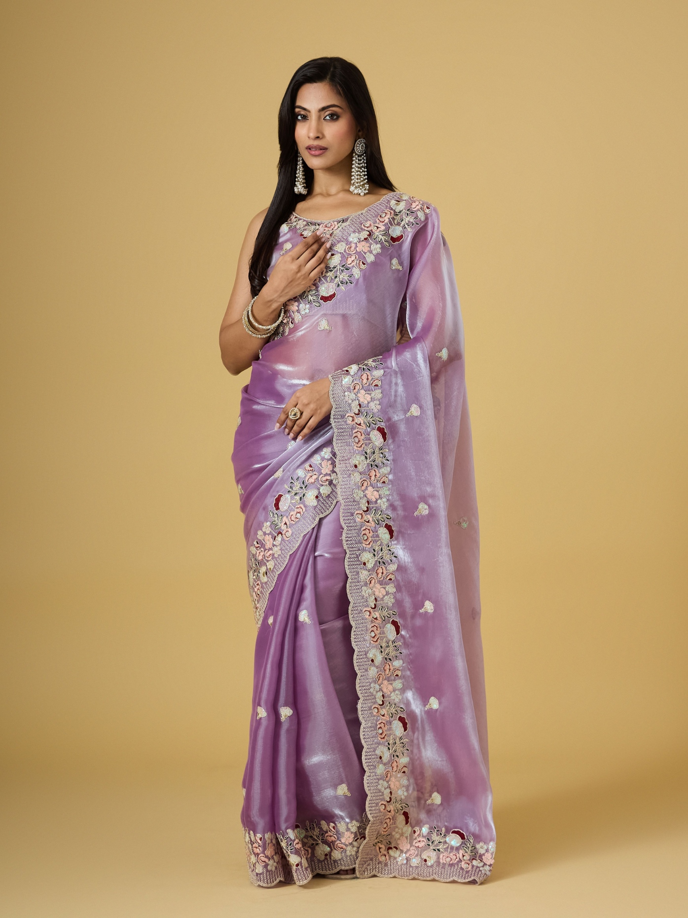 Purple Floral Thread Embroidery Jimmy Choo Saree