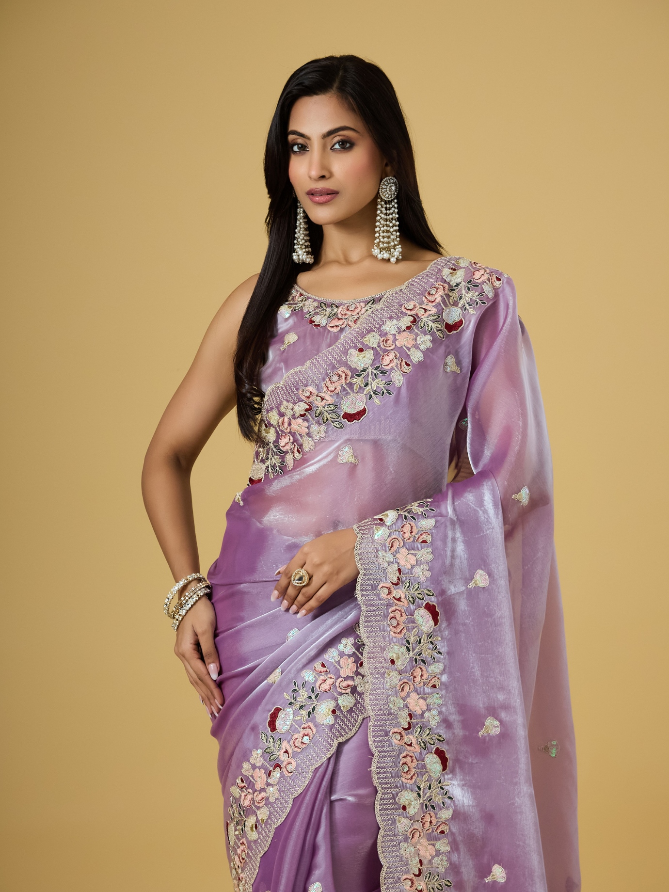 Purple Floral Thread Embroidery Jimmy Choo Saree