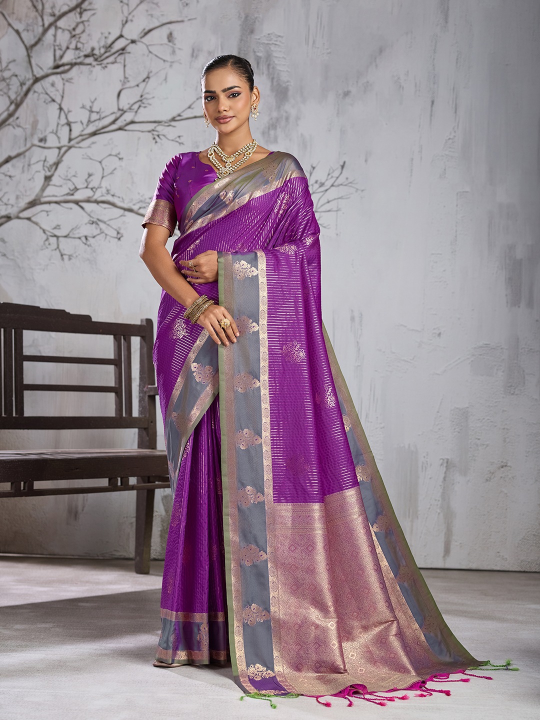 Purple Floral Woven Work Silk Saree