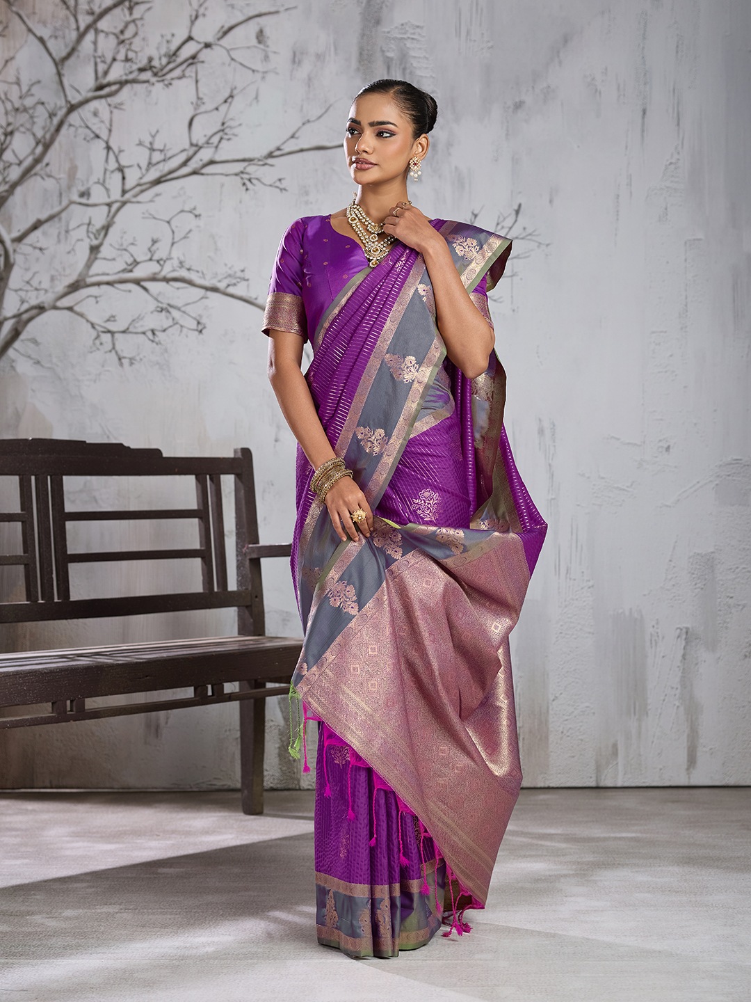 Purple Floral Woven Work Silk Saree