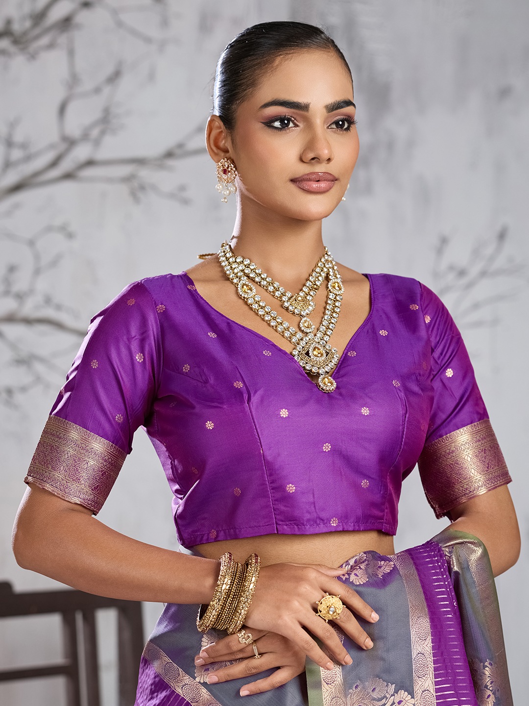 Purple Floral Woven Work Silk Saree